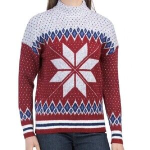 Telluride womens Mock Neck Fair Isle Sweater size Medium Red Navy White Acrylic
